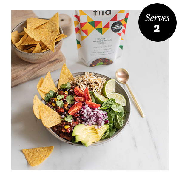 Mexican black bean burrito bowl made with fiid Smoky Black Bean Chilli