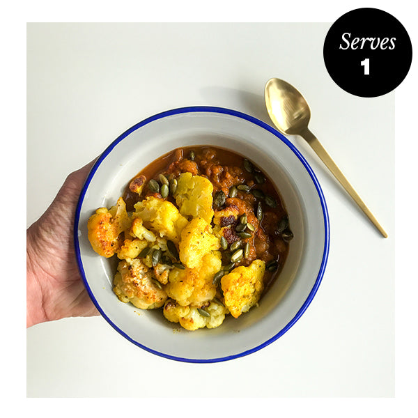 Turmeric Roasted Cauliflower with Moroccan Chickpea Tagine
