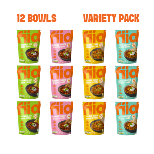 fiid Variety Box, twelve 275g plant based ready meals, three of each flavour